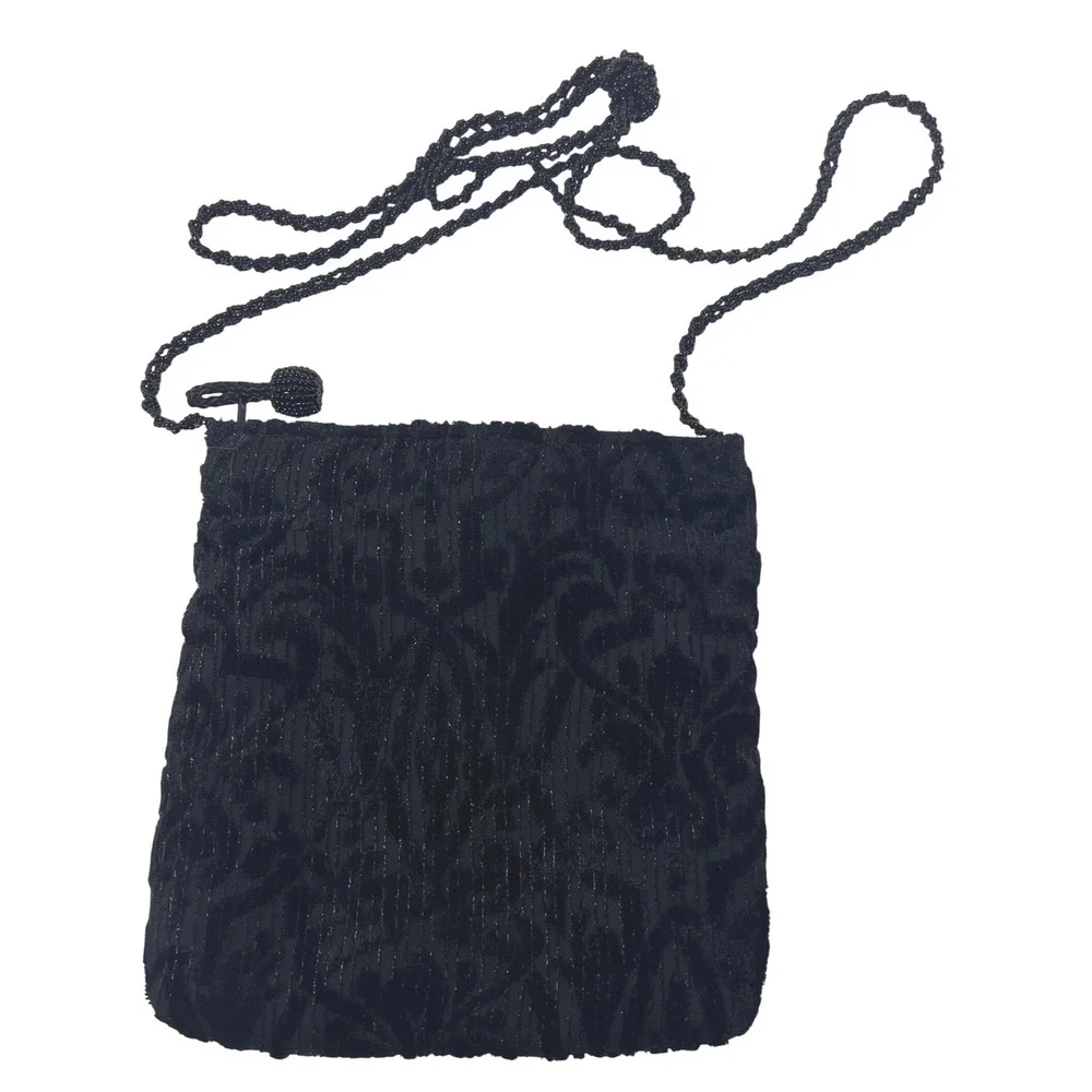 Crossbody Cocktail Evening Bag Womens Black Velvet Beaded Brocade Whimsigoth 7